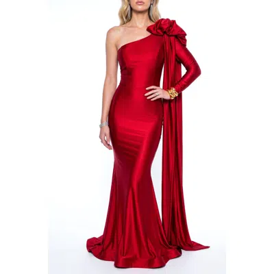 Jessica Angel One-shoulder Rosette Cape-sleeve Mermaid Evening Gown In Red