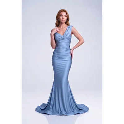 Jessica Angel One-shoulder Soft Draped Mermaid Gown In Blue