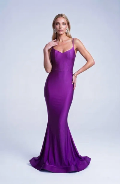Jessica Angel Open Back Pleated Sweetheart Mermaid Gown In Purple