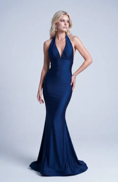 Jessica Angel Plunge Gathered Halter Mermaid Gown In Blue
