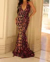 Jessica Angel Plunging Halter Floral Sequin Prom Gown In Burnt Orange In Yellow
