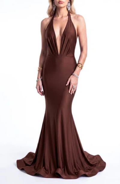 Jessica Angel Plunging Halter Open-back Mermaid Gown With Train In Brown