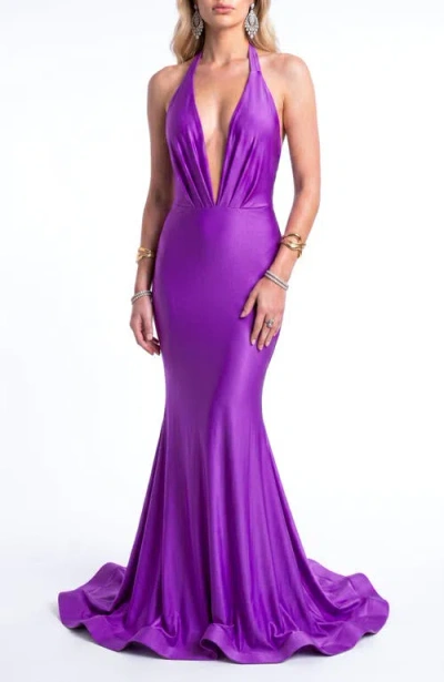 Jessica Angel Plunging Halter Open-back Mermaid Gown With Train In Multi