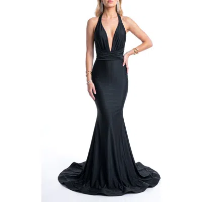 Jessica Angel Plunging Halter Wrap-waist Tie-back Mermaid Evening Gown In Animal Print