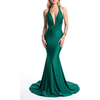 Jessica Angel Plunging Halter Wrap-waist Tie-back Mermaid Evening Gown In Animal Print