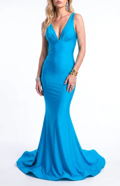 Jessica Angel Plunging Low-back Mermaid Evening Gown With Train In Blue
