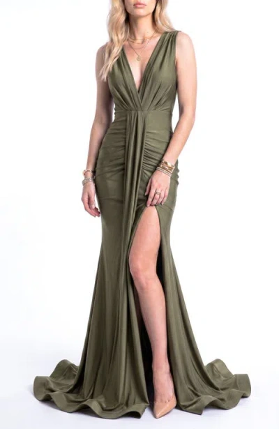 Jessica Angel Plunging V-neck Draped Mermaid Gown In Green