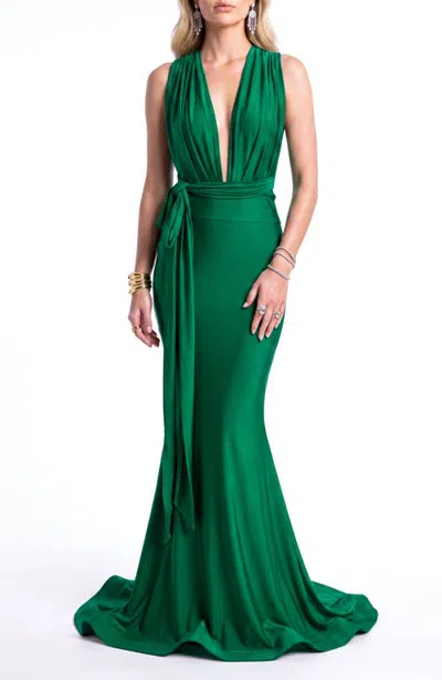 Jessica Angel Plunging V-neck Tie-waist Mermaid Evening Gown In Forest Green