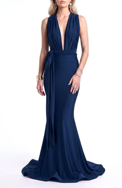 Jessica Angel Plunging V-neck Tie-waist Mermaid Evening Gown In Navy