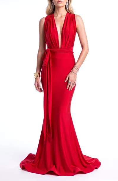 Jessica Angel Plunging V-neck Tie-waist Mermaid Evening Gown In Red