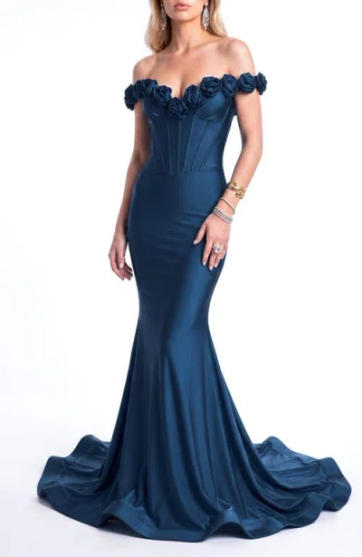 Jessica Angel Rosette Off-shoulder Corset Mermaid Gown In Navy