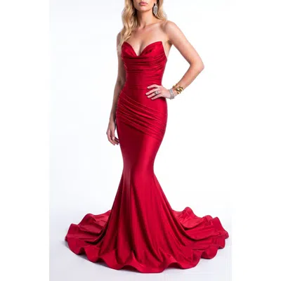 Jessica Angel Ruched Cowl Neck Mermaid Gown With Train In Red