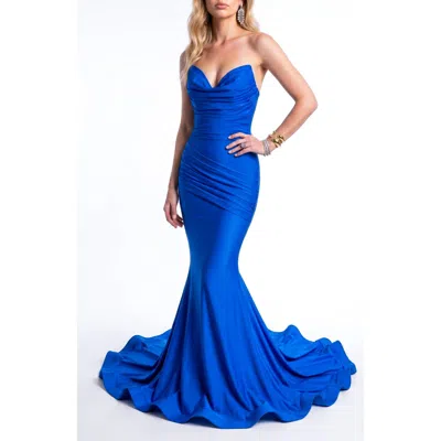 Jessica Angel Ruched Cowl Neck Mermaid Gown With Train In Blue