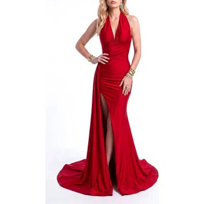 Jessica Angel Ruched Halter Mermaid Gown With Side Drape And Slit In Red
