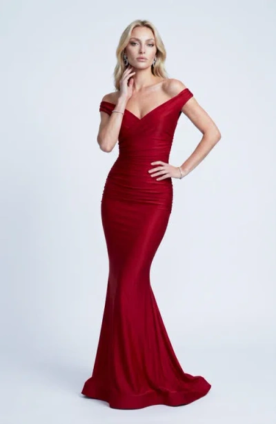Jessica Angel Ruched Off The Shoulder Flared Gown In Red