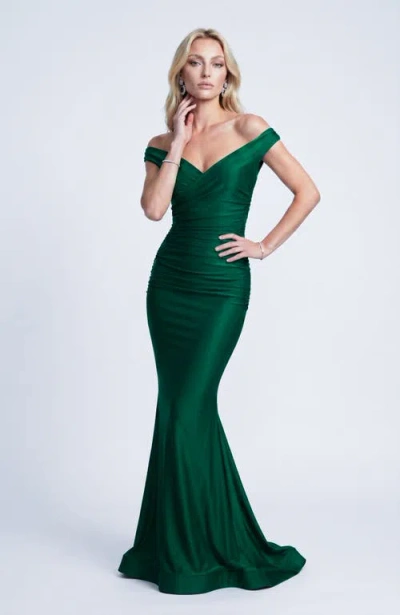 Jessica Angel Ruched Off The Shoulder Flared Gown In Green
