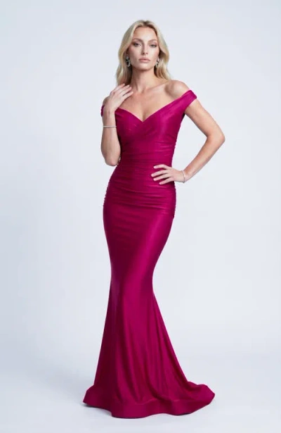 Jessica Angel Ruched Off The Shoulder Flared Gown In Pink