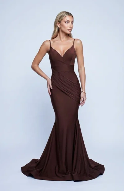 Jessica Angel Ruched Plunge Neck Mermaid Evening Gown In Brown