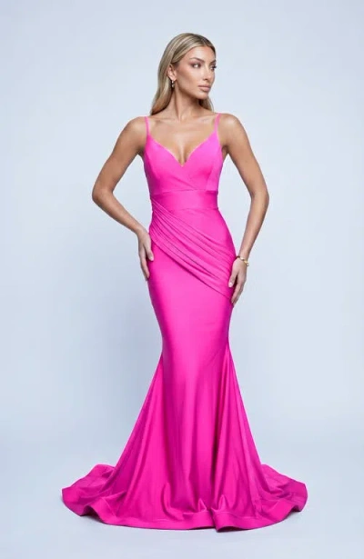 Jessica Angel Ruched Plunge Neck Mermaid Evening Gown In Pink