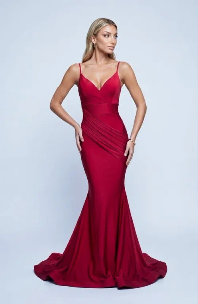 Jessica Angel Ruched Plunge Neck Mermaid Evening Gown In Red
