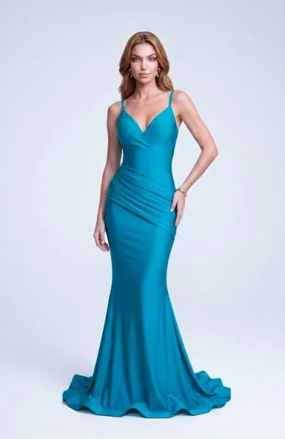 Jessica Angel Ruched Plunge Neck Strappy Back Mermaid Evening Gown In Blue