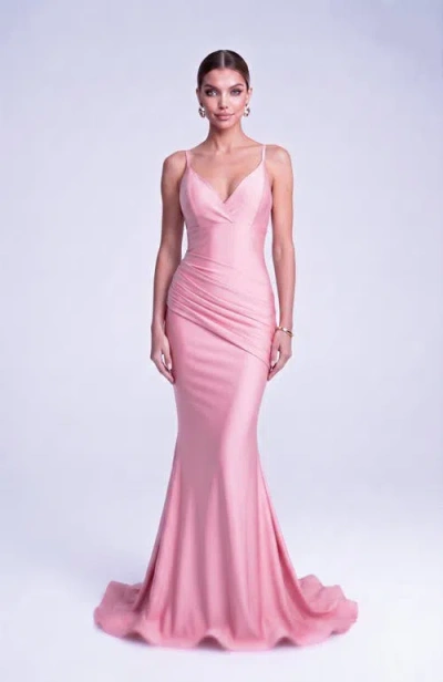 Jessica Angel Ruched Plunge Neck Strappy Back Mermaid Evening Gown In Pink