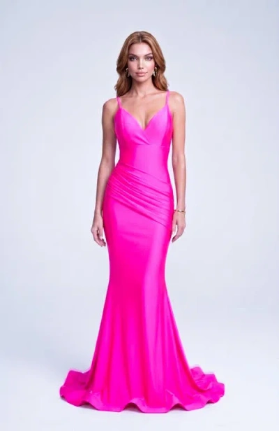 Jessica Angel Ruched Plunge Neck Strappy Back Mermaid Evening Gown In Pink