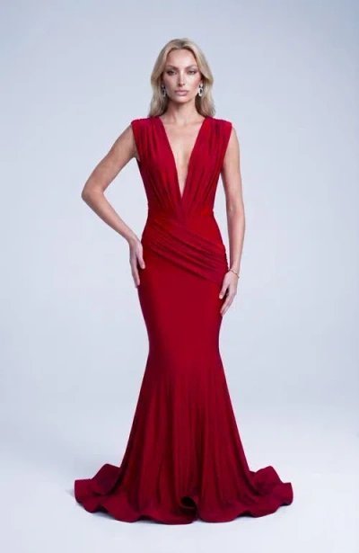 Jessica Angel Ruched Plunge Neck Strappy Back Mermaid Evening Gown In Red