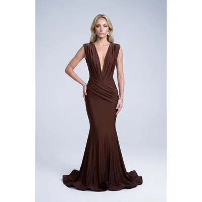 Jessica Angel Ruched Plunge Pleated Sleeveless Mermaid Gown In Brown