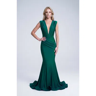 Jessica Angel Ruched Plunge Pleated Sleeveless Mermaid Gown In Green