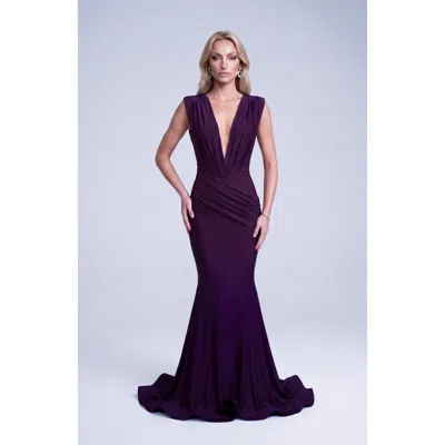 Jessica Angel Ruched Plunge Pleated Sleeveless Mermaid Gown In Multi