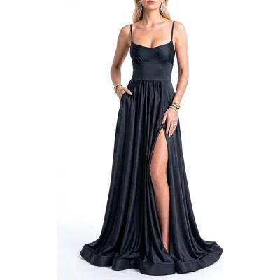 Jessica Angel Scoop-neck Empire Waist Side-slit A-line Evening Gown In Animal Print
