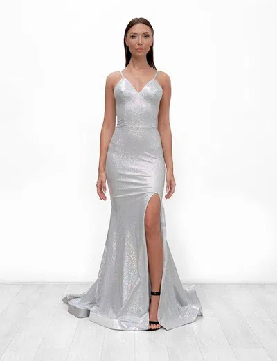 Jessica Angel Spaghetti Strap Formal Long Dress 908 In Silver