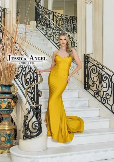 Jessica Angel Spaghetti Strap Long Formal Gown 813 In Yellow