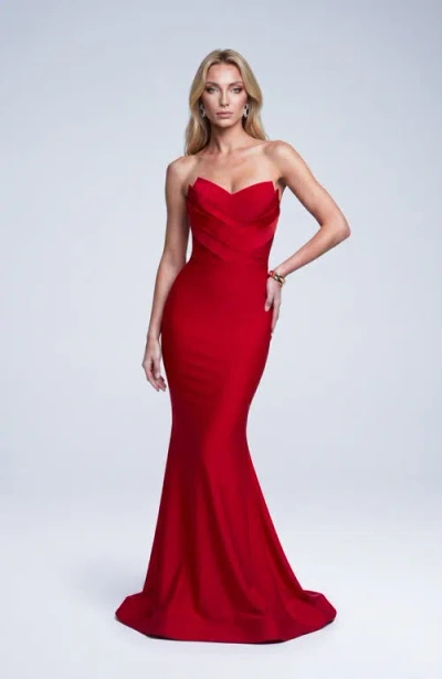 Jessica Angel Strapless Layered Tulip Bodice Mermaid Evening Gown In Blue