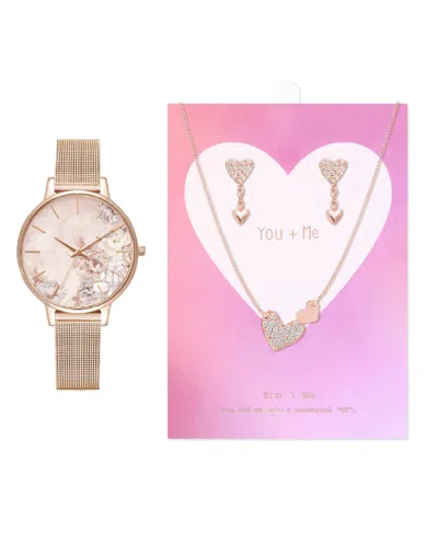 Jessica Carlyle Women's Analog, Three-hand Quartz Shiny Rose Gold-tone Metal Bracelet Watch 34mm Gift Set