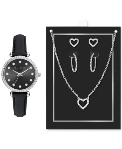 Jessica Carlyle Women's Black Strap Watch 33mm Jewelry Gift Set In Silver