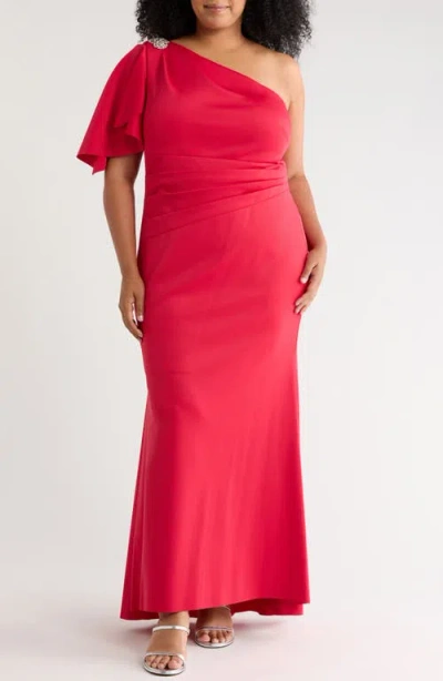 Jessica Howard Cape Sleeve One Shoulder Gown In Red