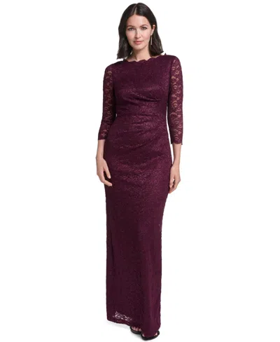 Jessica Howard Petite 3/4-sleeve Boat Neck Lace Gown In Purple