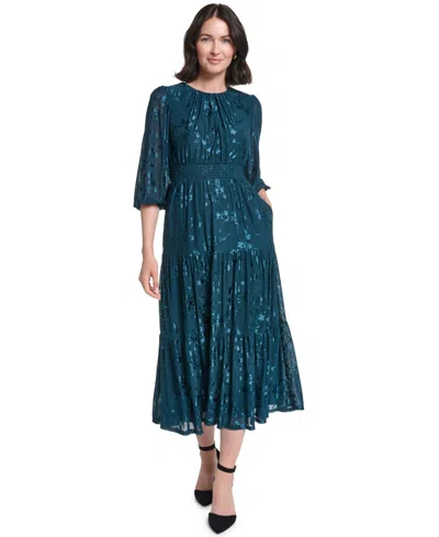 Jessica Howard Petite 3/4-sleeve Smocked Floral Midi Dress In Blue
