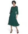 Jessica Howard Petite Balloon Sleeve Shirred Neck Pleated Skirt Belted Midi Dress In Green