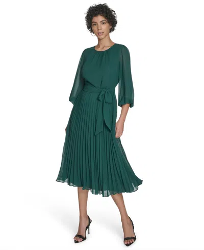 Jessica Howard Petite Balloon Sleeve Shirred Neck Pleated Skirt Belted Midi Dress In Green
