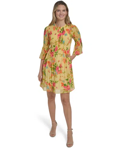 Jessica Howard Petite Bell-sleeve Jewel Neck Pleated Dress In Yellow