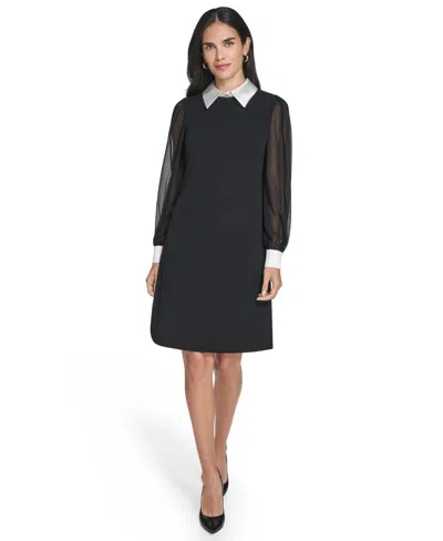 Jessica Howard Petite Bishop Sleeve Shirt Collar Sheath Dress In Black