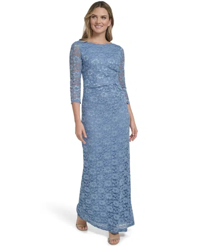 Jessica Howard Petite Boat Neck Side Tuck Sheath Gown In Blue