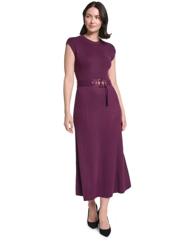 Jessica Howard Petite Cap Sleeve Belted A-line Midi Sweater Dress In Purple