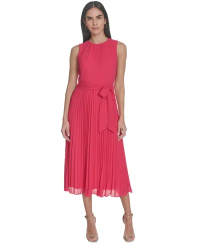 Jessica Howard Petite Chiffon Tie-waist Pleated Midi Dress In Pink