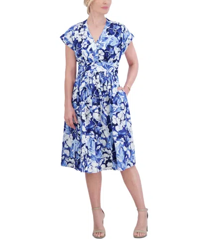 Jessica Howard Petite Cotton Poplin Floral Fit & Flare Dress In Blue Multi