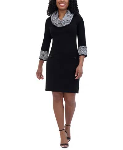 Jessica Howard Petite Cowl-neck Contrast-trim Sweater Dress In Black,ivory