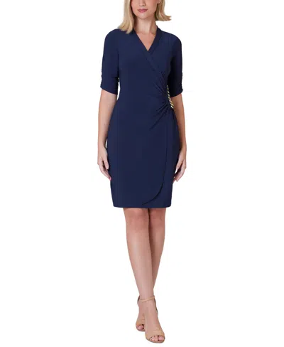 Jessica Howard Petite Embellished Faux-wrap Dress In Navy